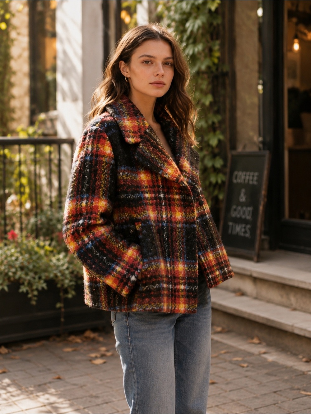 Apparis Plaid Wool-Blend Pea Coat in Black, Red, Yellow